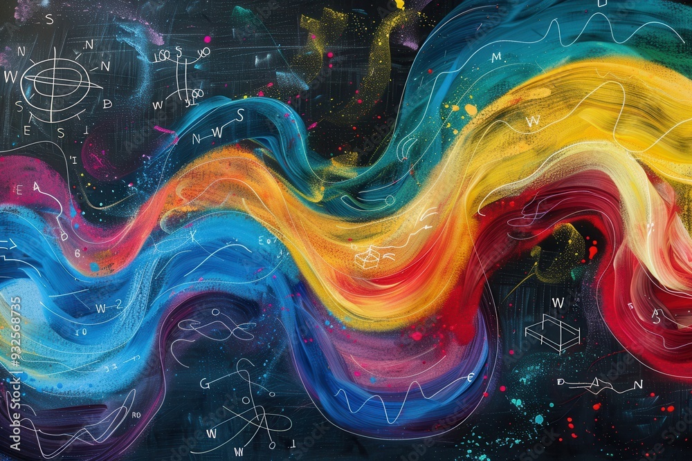 Poster A dynamic chalkboard features colorful waves of chalk strokes intertwined with scientific formulas and diagrams, illustrating a creative learning environment. Generative AI