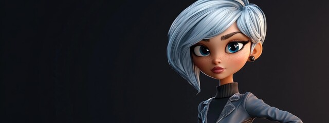 3D Cartoon of a Stylish Woman with Trendy Hair on Dark Background