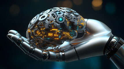 robot's hand gently holding a brain made of gears and circuits, symbolizing creative problem-solving, creative thinking concept.
