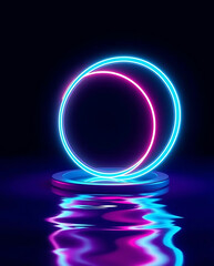Obraz premium 3D Floating Concentric Circles with Pulsating Neon Lights, Hovering Over a Deep, Reflective Liquid Surface