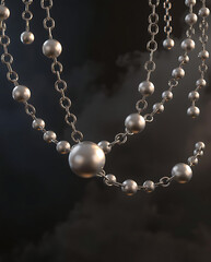 3D Floating Chains of Metallic Spheres, Interlinked and Hovering Over a Dark, Smoky Background with Gentle Light Rays