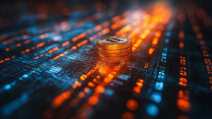 A coin is on top of a stack of coins. The image has a futuristic, digital feel to it