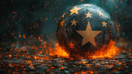 Naklejka premium A ball with stars on it is sitting on a pile of fire. The scene has a sense of danger and excitement
