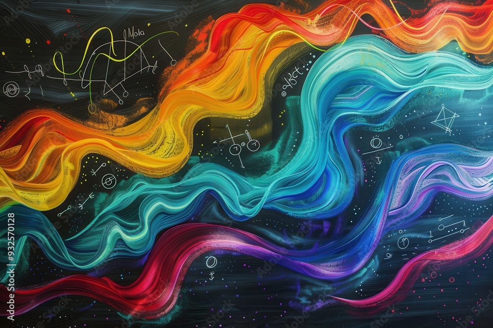 Poster A vibrant chalkboard displays sweeping colorful waves of chalk, integrating scientific formulas and diagrams into an engaging educational design. Generative AI