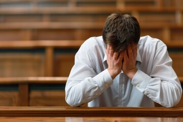 Fototapeta premium Distressed man sitting alone in a courtroom with his head in his hands, conveying emotions of stress, anxiety, or despair.