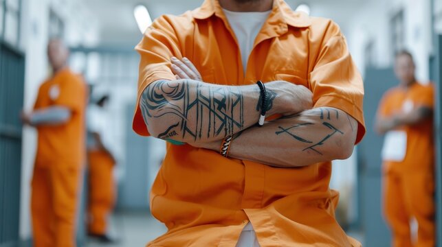 Close-up of a tattooed inmate in an orange jumpsuit standing in a prison hallway, highlighting incarceration and prison life.