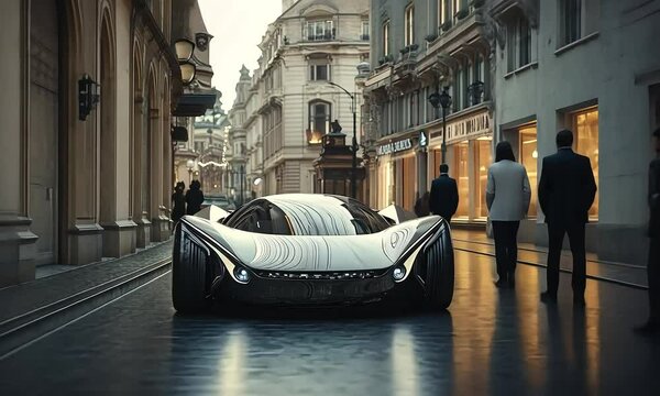 Futuristic supercar parked on luxurious city street with ai generated.
