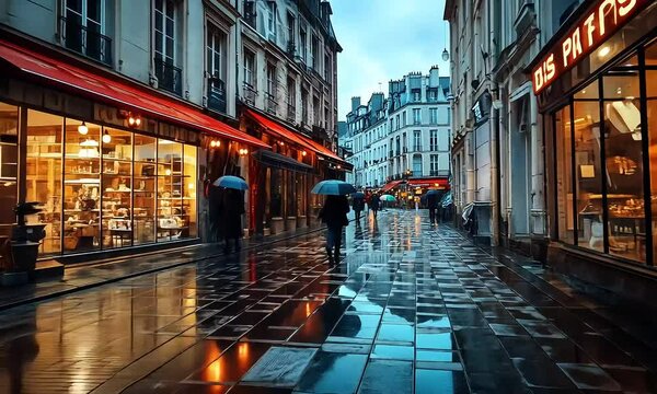 Rainy Evening in Parisian Street with Umbrellas with ai generated.
