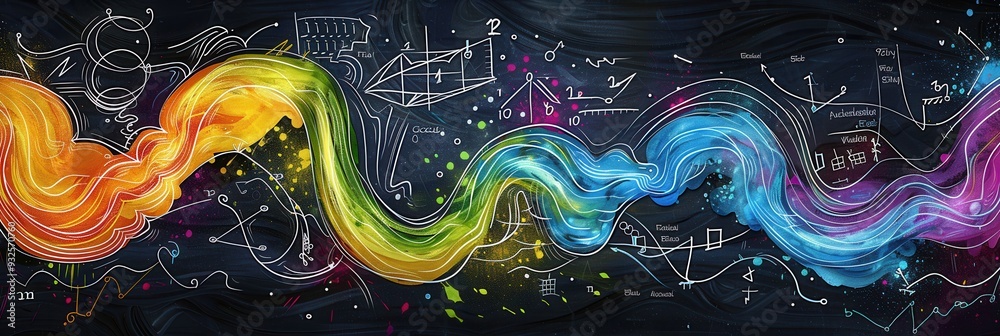 Fototapete a vibrant chalkboard displays colorful waves of chalk with integrated scientific diagrams and formul