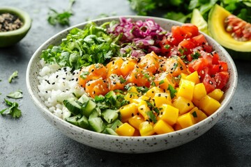 A Colorful Bowl of Hawaiian Poke with Mango, Salmon, and Cucumber