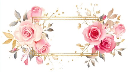 Abstract gold glitter rectangle frame adorned with pink roses featuring a floral composition in watercolor geometry Hand painted illustration with gold foliage clipart suitable for wedding designs