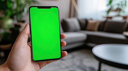 Close-up mockup of a cellphone being held with a hand, green screen, for advertisement.