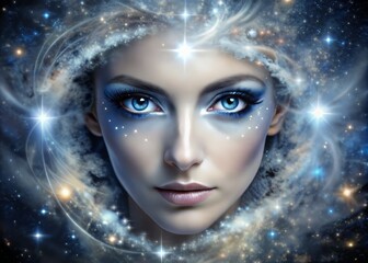 Ethereal silver eyes shine like star clusters, entrancing with an otherworldly allure, as the cosmic vortex swirls, pouring forth a shimmering cascade of celestial essence.