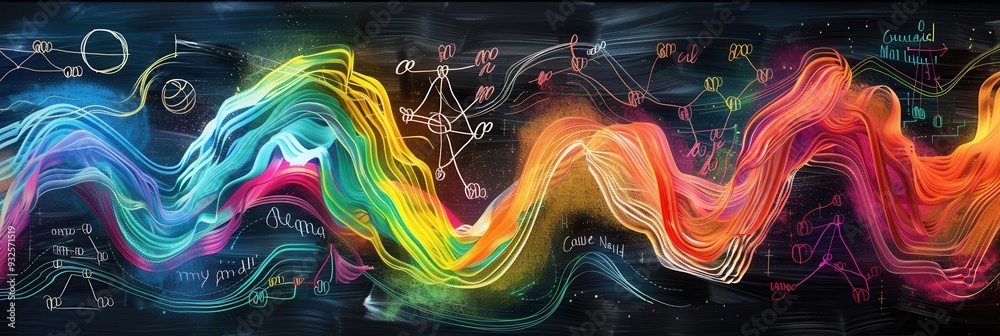 Poster a vibrant chalkboard background displays colorful waves with scientific diagrams and formulas creati
