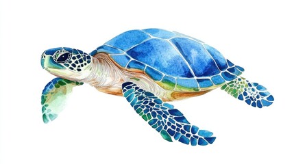 Blue and green watercolor turtle swimming against a white background Hand drawn illustration of aquatic animals