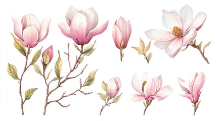 Fototapeta premium Collection of light pink magnolia blossoms branches and foliage Hand painted floral watercolor illustration isolated on a white background Spring floral design suitable for prints labels or cosmet