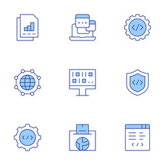 Programming icons set. Line Duotone style, editable stroke. coding, software development, firewall, network, web development, business report, laptop, vote, algorithm