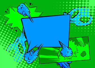 Cartoon green and blue comic book background. Retro vector comics pop art design.