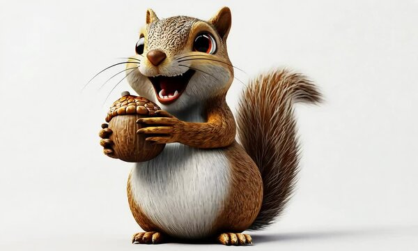 Cute cartoon squirrel holding a large acorn with ai generated.
