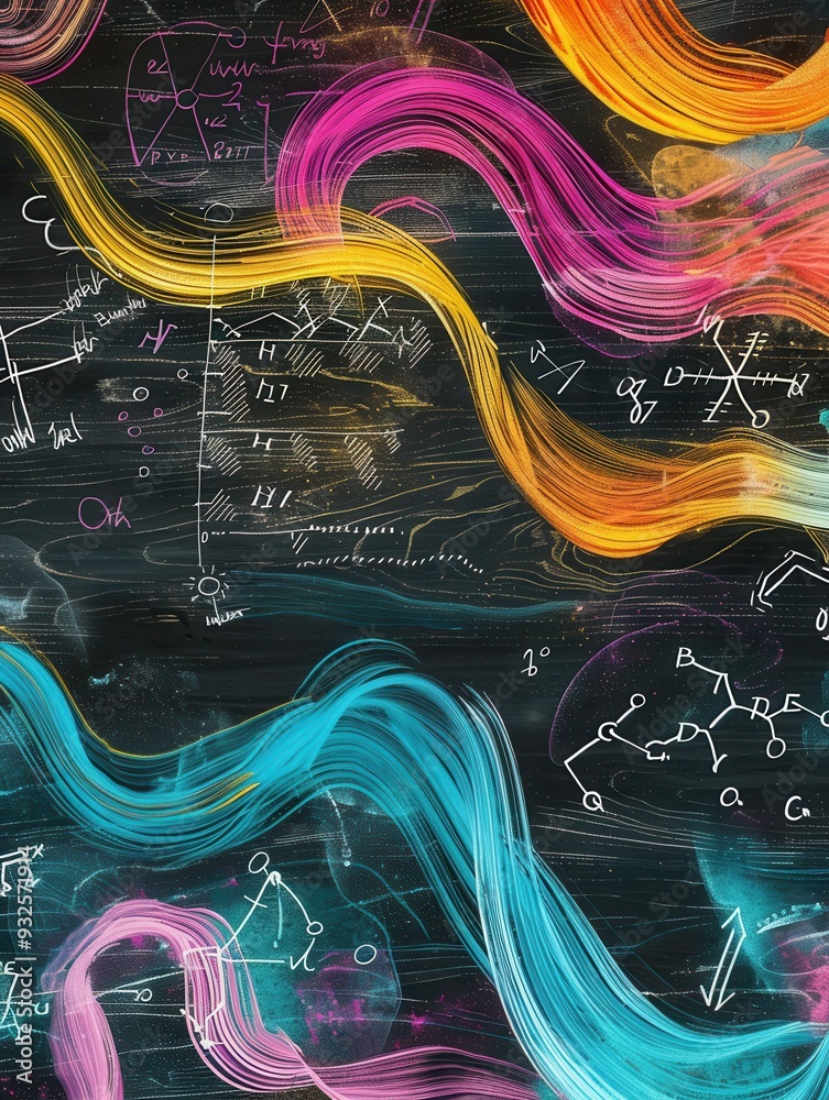 Poster Colorful chalk strokes create sweeping waves alongside diagrams and scientific formulas on a chalkboard, infusing the space with creativity and learning. Generative AI