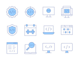 Programming icons. Line Duotone style, editable stroke. code, software development, firewall, date, coding, web development, software engineering, software, binary code, search, programming