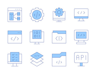 Programming icons. Line Duotone style, editable stroke. layer, programming, usability, folder, browser, computer, coding, gear, application, binary code