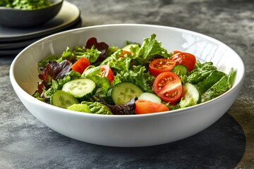 Fresh Green Salad with Cherry Tomatoes and Cucumber in a White Bowl