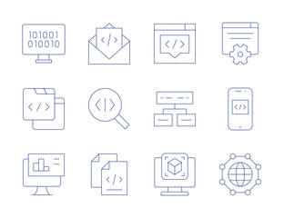 Programming icons. Thin Line style, editable stroke. programming, program, d modeling, network, smartphone, development, binary code, coding, analysis, document, email, code