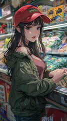 A cashier in a busy store organizes groceries while engaging with customers in a lively atmosphere