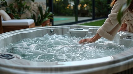 woman in bathrobe opening lid of hot tub checking temperature ready for home spprocedure in hot tub outdoors wellness body care hygiene concept