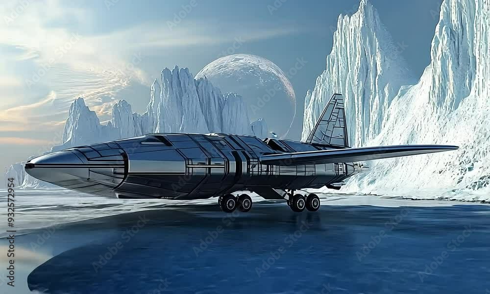 Wall mural spaceship on icy alien planet with towering glaciers with ai generated.