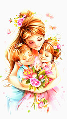 Mother Hugging Children with Bouquet of Flowers