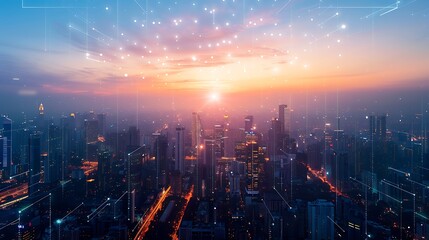 Cityscape at Sunset with Digital Network Connections
