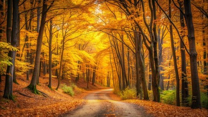 Autumn path winding through a golden canopy forest landscape in the fall