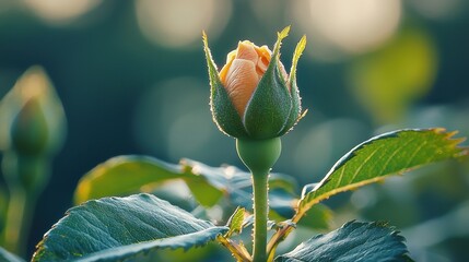 Close up of a Single Peach Rose Bud with Green Leaves
