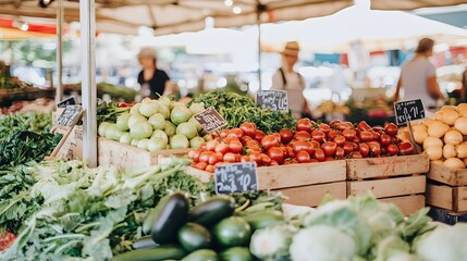 Bustling Farmers Market Stall Overflowing with Vibrant Organic Vegetables and Produce for Sale  Customers Browse the Abundant Selection of Fresh Local and Seasonal Offerings