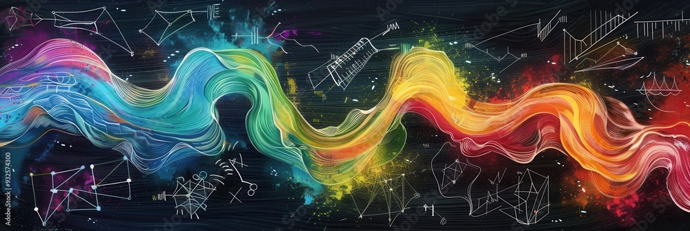 Fototapete vibrant chalk strokes flow across a blackboard, blending colors while incorporating subtle scientifi