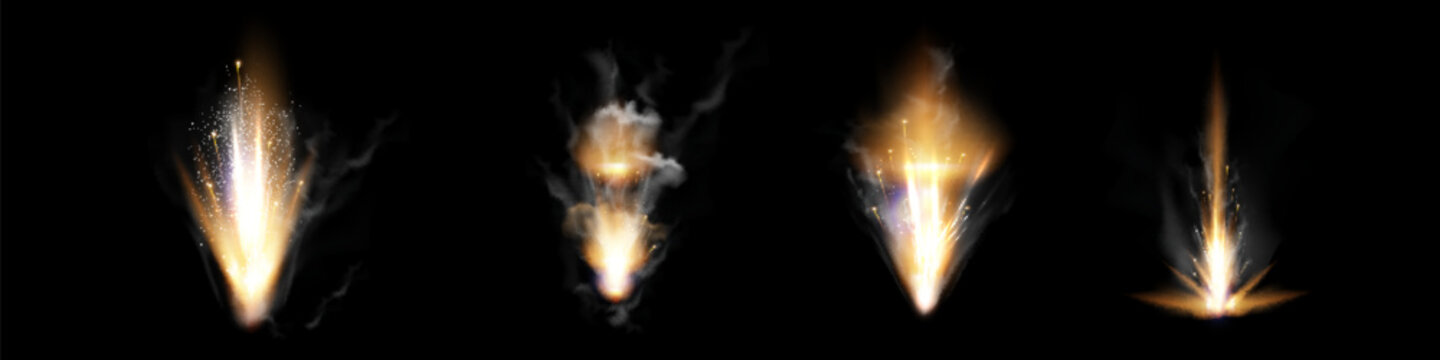 Gun flashes with smoke and fire sparkles. Pistol shots clouds, muzzle shotgun explosion. Blast motion, weapon bullets trails isolated on black background.