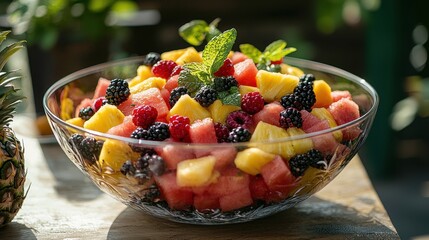Fresh Fruit Salad with Watermelon  Pineapple  Blackberries  and Raspberries in Glass Bowl