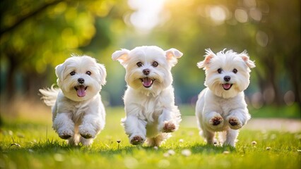 Three cute maltese dogs happily running towards their owner in a joyful reunion