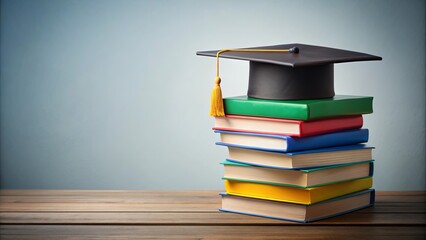 Colorful drawing of a graduation cap on top of a stack of books symbolizing accomplishment and achievement