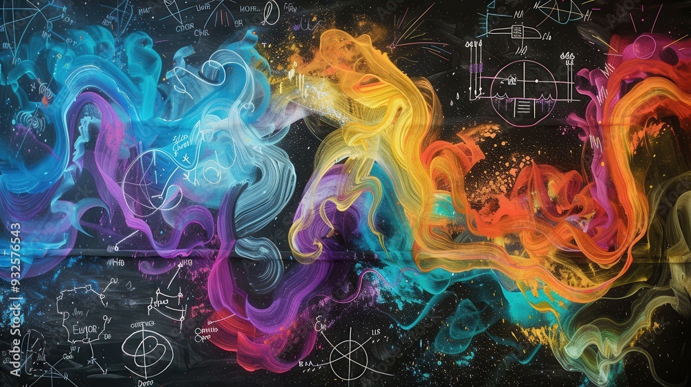 Aufkleber vibrant chalk strokes create colorful waves against a blackboard, seamlessly integrating scientific 
