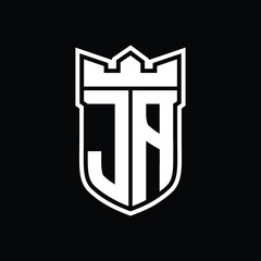 JA Logo shield shape with geometric crown inside white outline on black background template design