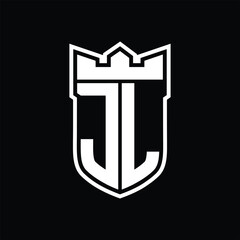 JL Logo shield shape with geometric crown inside white outline on black background template design