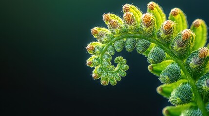 Green Fern Frond Unfurling in Spiral Pattern with Black Background