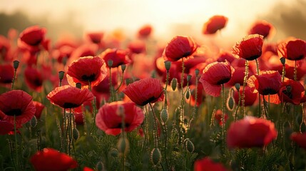 Fototapeta premium Poppy Field Sunset Landscape with Red Flowers and Golden Light