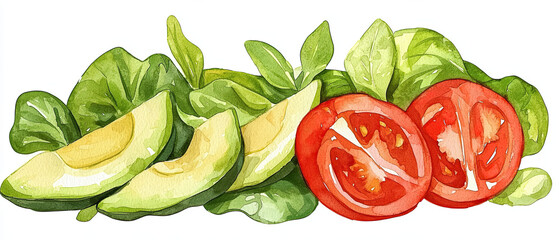 Fresh salad, vibrant greens, tomatoes, and avocado slices, watercolor style