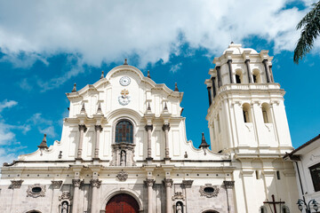 Popayán, Cauca, Colombia. April 30, 2024: Church of San Francisco with white facade and blue sky.