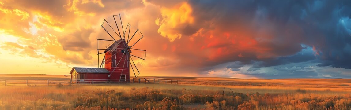 Windmill on the prairie at sunset