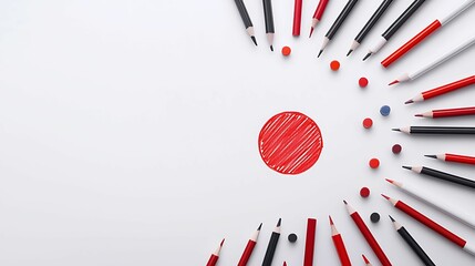 Take turns top view sketchpad with a bold red circle marking key strategies marketing terms scattered around alongside colorful markers creative setting copy space for text